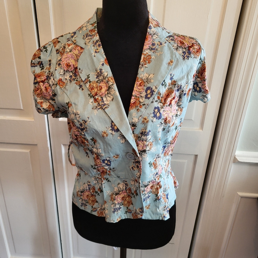 Blue Floral Button Up Fitted Blouse/jacket Sz Sm Cottage Spring Coqutte Easter